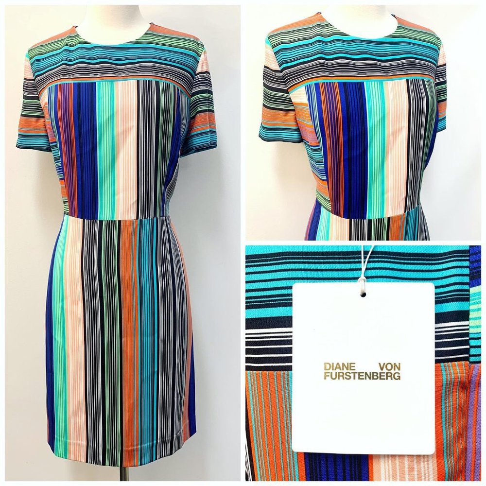 Diane Von Furstenberg Multicolor Striped Short Sleeve Sheath Dress